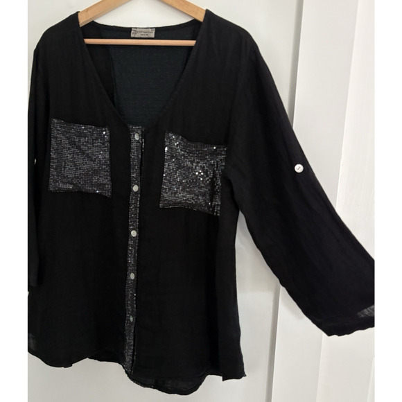 Black Linen Sequin Button Front Tunic Shirt Relaxed Sparkle Festive Goth Glam - Picture 5 of 10